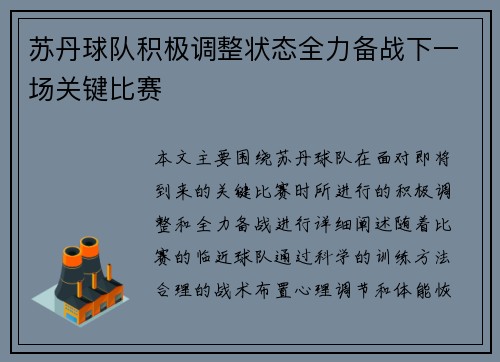 苏丹球队积极调整状态全力备战下一场关键比赛